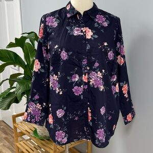 Roamans Button Up Blouse Plus 20W Navy Blue Floral Long Sleeve Cotton Stretch